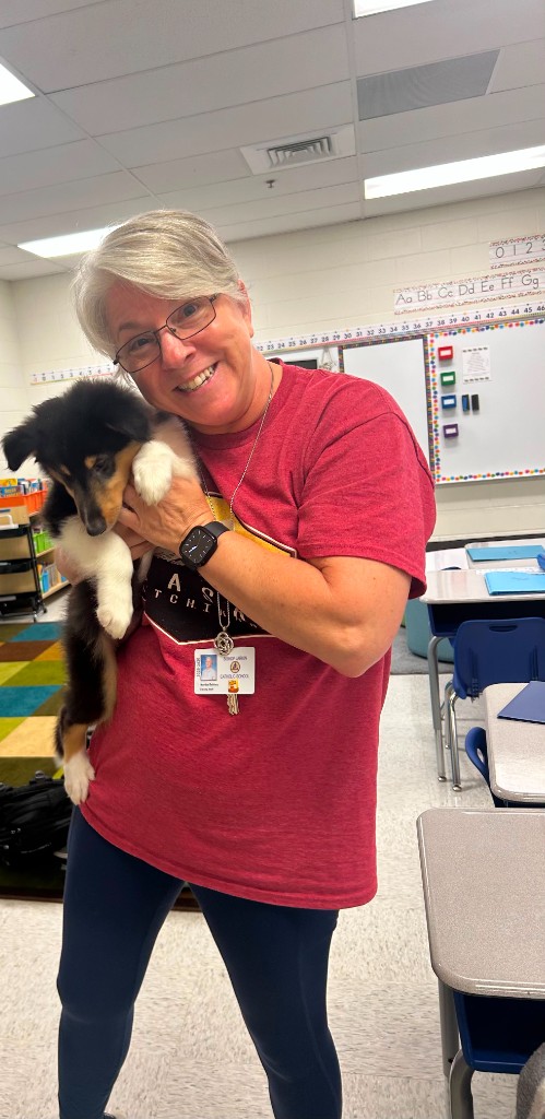 Staff member holding a puppy during a local school visit