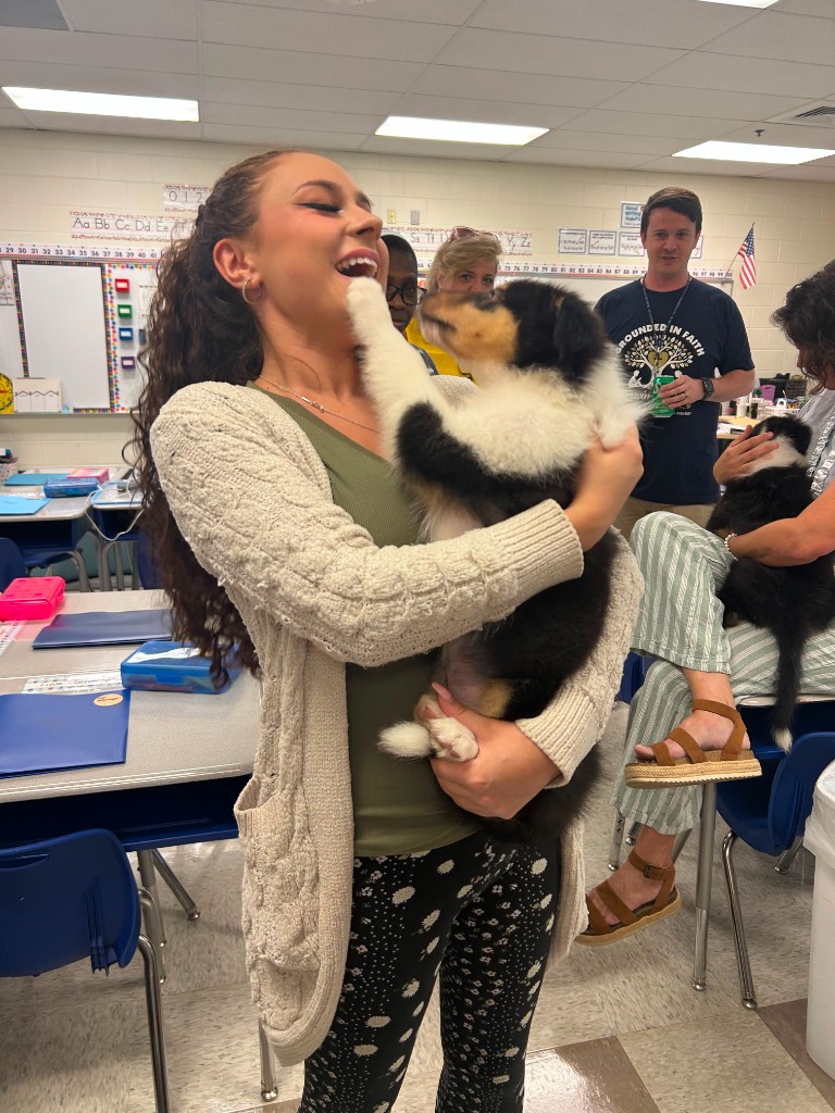 Faculty and staff enjoying a puppy visit at a local school