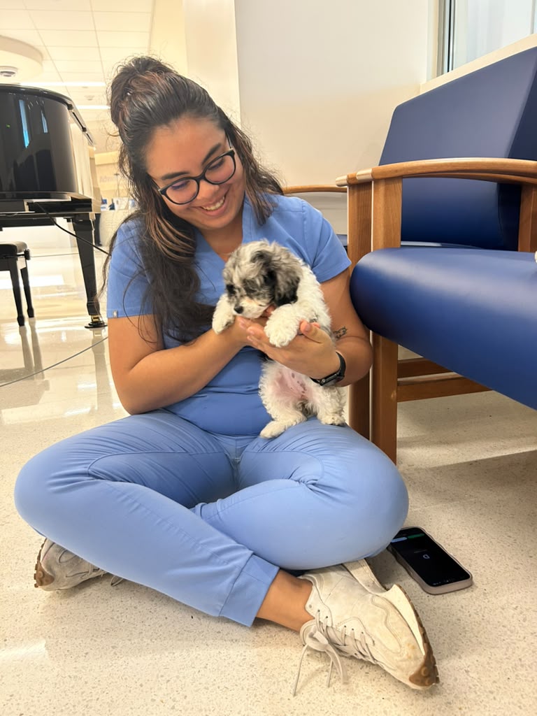 Guest sitting on a mat with a puppy at an off-site event